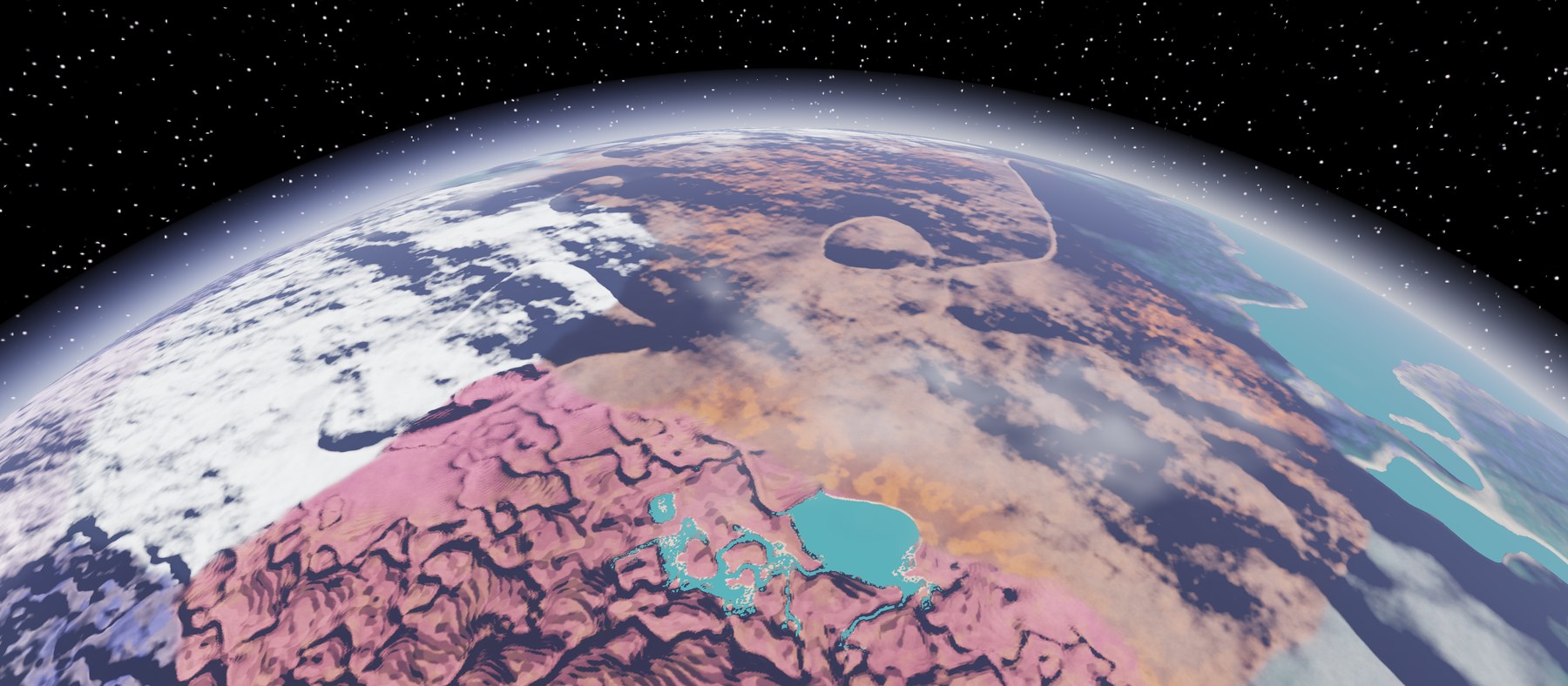 The Held Seasons' planet from low orbit: rose canyons cut by dark gorges, copper highlands, a turquoise lake and white snow under a lavender rim of air, against the stars.