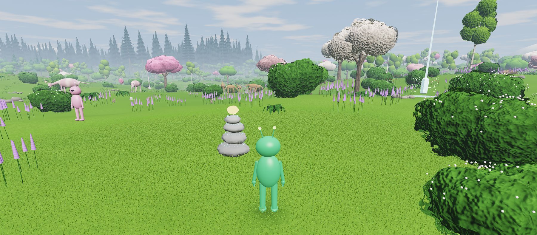 The Endless World in spring: a green alien stands in a meadow beside a cairn of stacked stones, with blossoming trees, grazing deer and a guide in the distance.