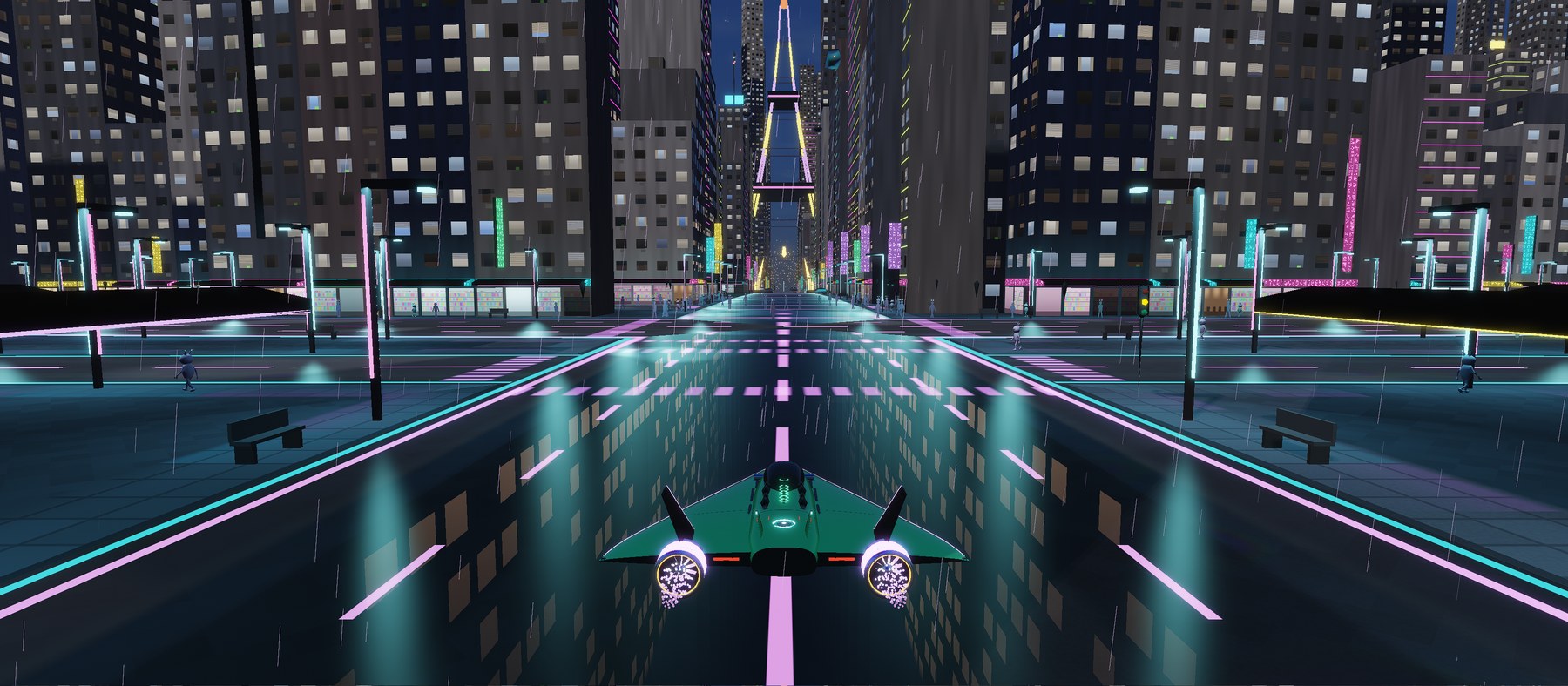 The Rift Run: a jade hover craft on Nocturne's first avenue by night, its twin engines lit, the wet street mirroring the neon towers and the city's spire ahead.