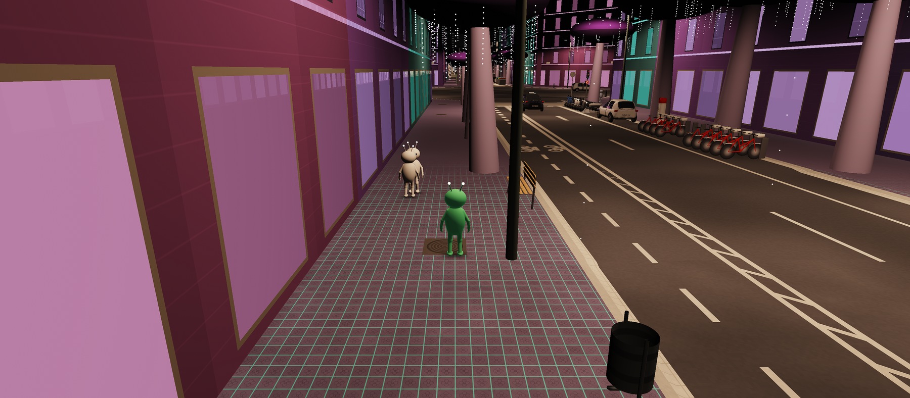 Semalona's alien quarter by evening: a green alien on a sidewalk of teal-lit paving between magenta and violet shopfronts, cars and the city's bicycles parked along the street, glowing caps over it.
