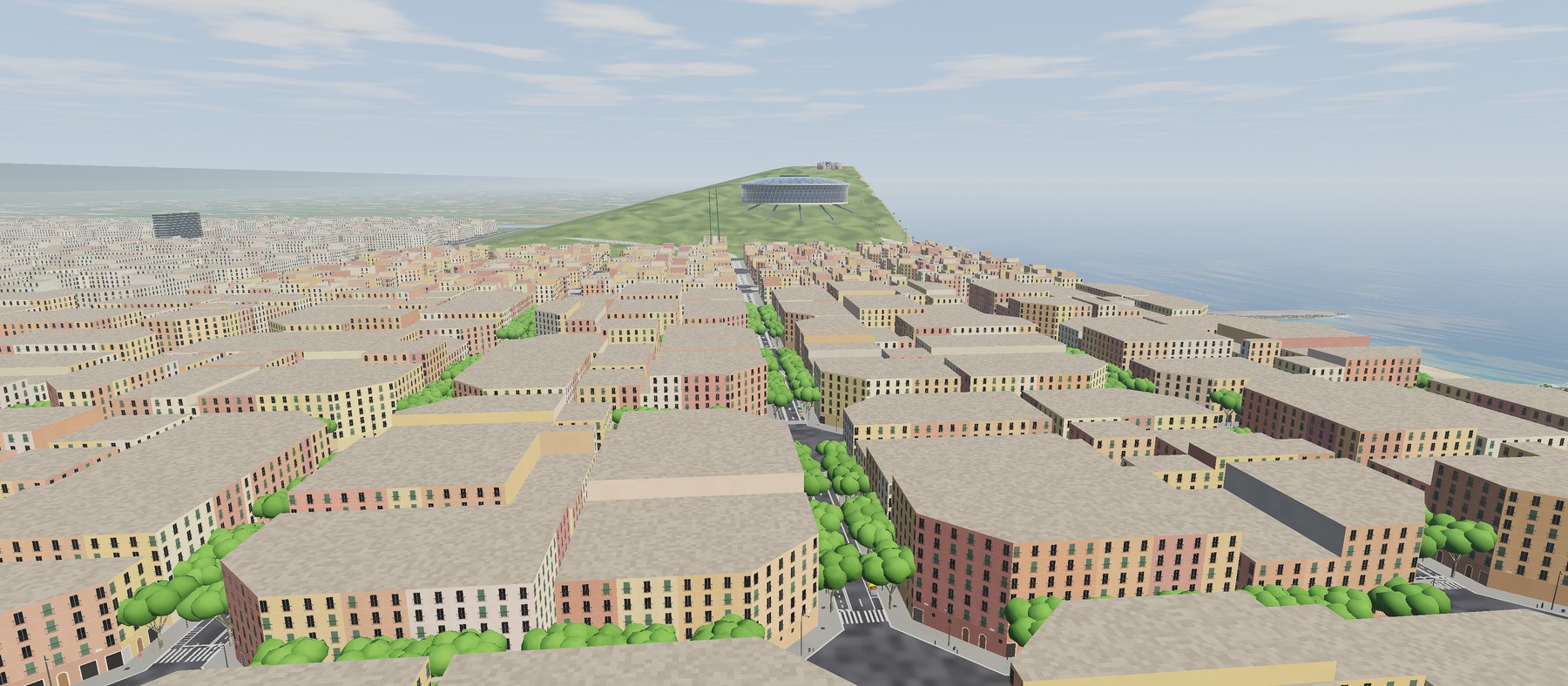 Semalona from the air by day: rows of cut-corner blocks in sand, rose and ochre with green street trees between them, running to the sea, and on the hill beyond, the venue's black-glass ship.